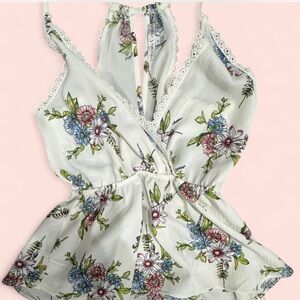 Moa Moa Floral Lace Trim Blouse - White and Multicolor